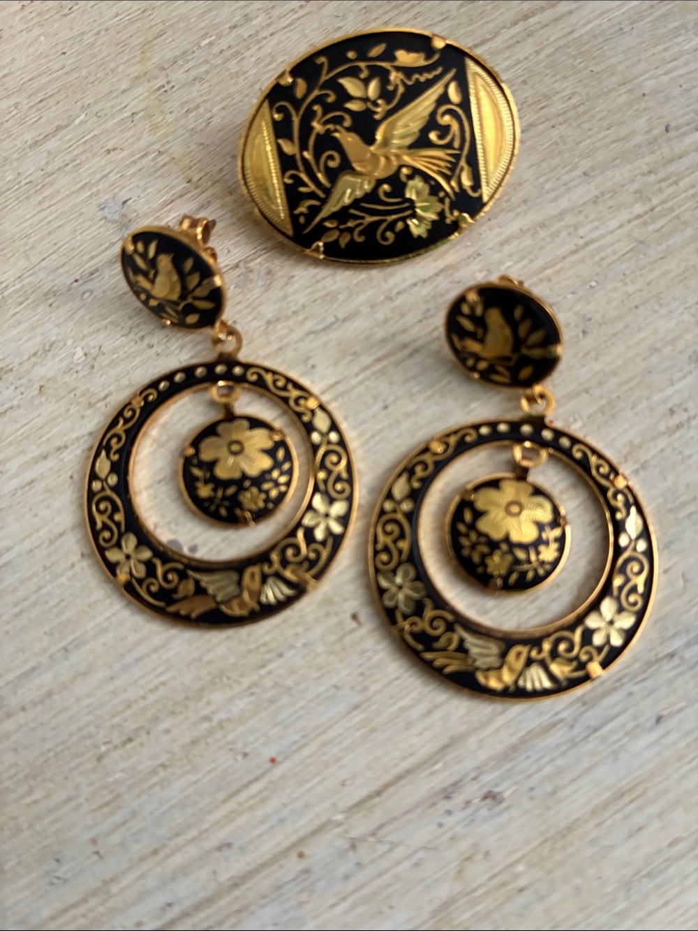 Vintage Gold and Black Floral Enamel Drop Earrings and Brooch Set